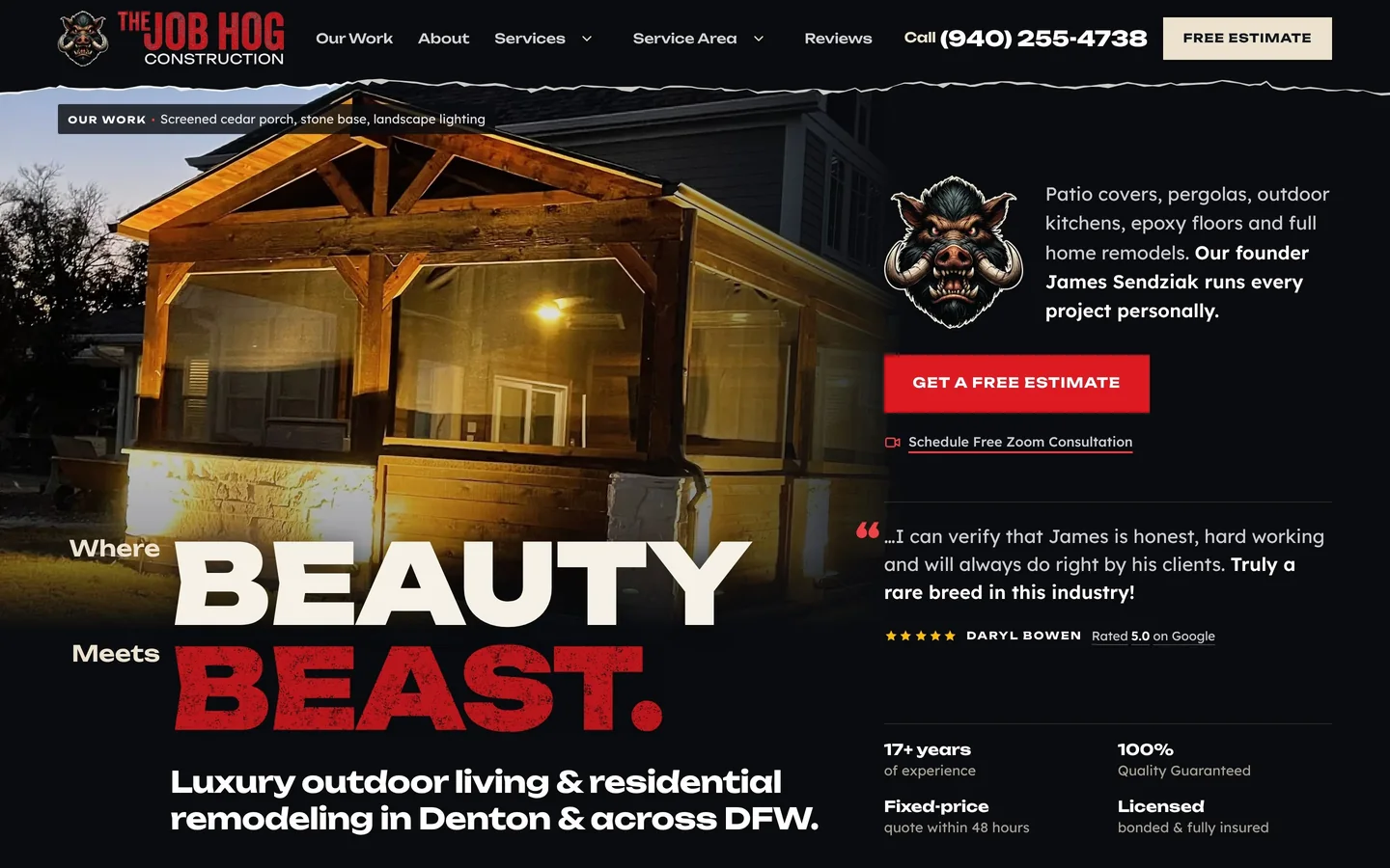 The Job Hog Construction homepage on a desktop: a big 'Where Beauty meets Beast' headline over a lit cedar porch, a red Get a free estimate button, and the phone number and Free estimate button in the header.
